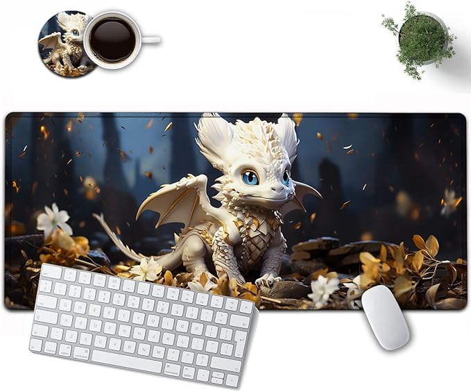 Large Mouse Pad, 31.5 x 11.8in Extended Gaming Mouse Pad with Stitched Edges, XXL Mousepad Protector Non Slip Rubber Base for Office and Home Writing Mat, Cute Little White Dragon Pattern Desk Mat