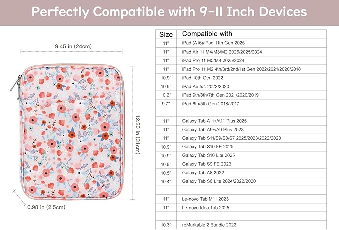 Dadanism 9-11" Tablet Sleeve Bag Carrying Case for iPad (A16) 11th Gen 11", iPad 10th Gen 10.9" Air 5/4, iPad Air M4/Pro 11", iPad 9/8/7th, Galaxy Tab A11+ Plus 11", Remarkable 2 10.3", Spring Pink
