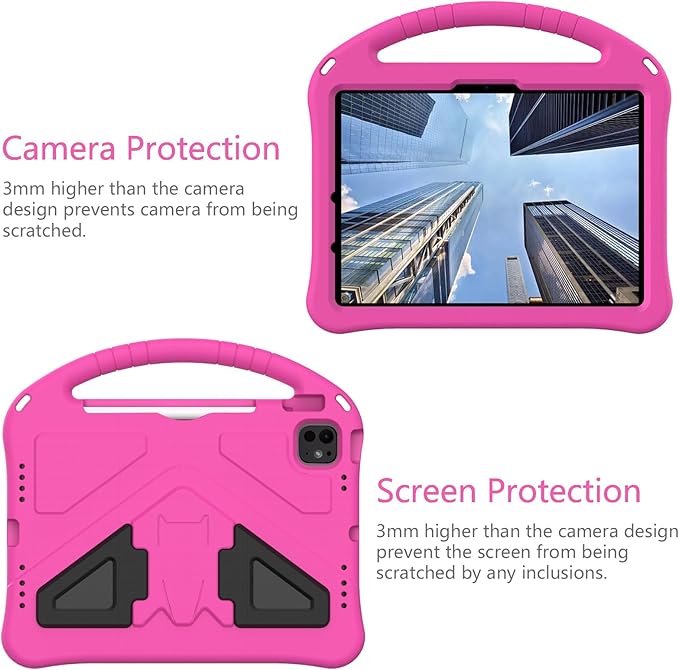 Kids Case for iPad Air 11 inch M4/M3/M2 (2026/2025/2024) with Pencil Holder/Shockproof Handle/Kickstand/Slim Lightweight Soft EVA Foam Folio Stand Tablet Protective Girls Boys Cover, Rose