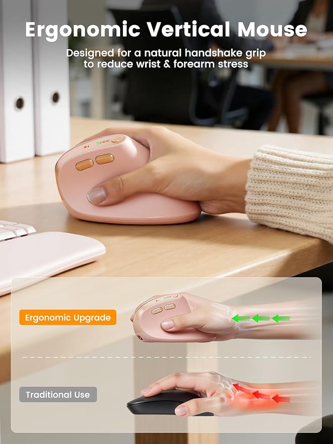 SABLUTE MAM3 Ergonomic Mouse, Rechargeable Wireless Vertical Mouse with 4 Adjustable DPI for Small/Medium Hands, Dual-Device Connectivity for Computer/PC/Laptop,Bluetooth Mouse for Window,Mac OS,Pink