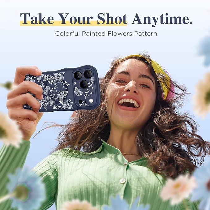 GVIEWIN for iPhone 17 Pro Case Compatible with MagSafe [Curly Wave Edge][Full Camera Protection] Floral Translucent Shockproof Magnetic Women Phone Case for iPhone 17 Pro 6.3'', Tuberose/Blue