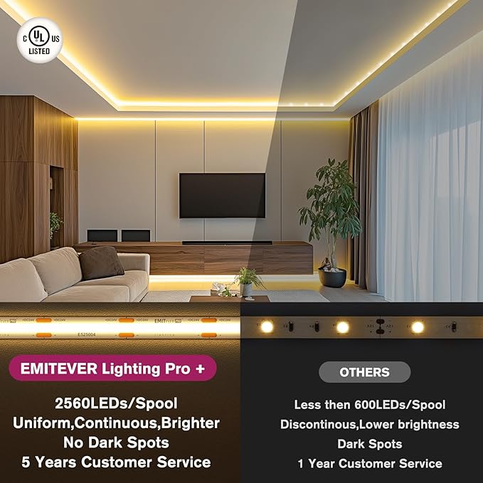 EMITEVER COB LED Strip Lights Warm White, 3000K Tape Light Premium High Density, DC 24V, 360+Lumens/ft, 2560LEDs/Spool, Ra 90+, 16.4ft/5m, UL Listed 5 Year After-Service (power supply sold separately)