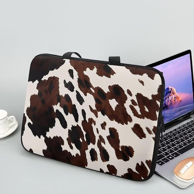 Cow Print Brown 10 Inch Laptop Sleeve, Laptop Cover Computer Bag Tablet Carrying Case with Handle, Waterproof Zipper Tote Bags Notebook Sleeves Handbag Messenger Briefcase