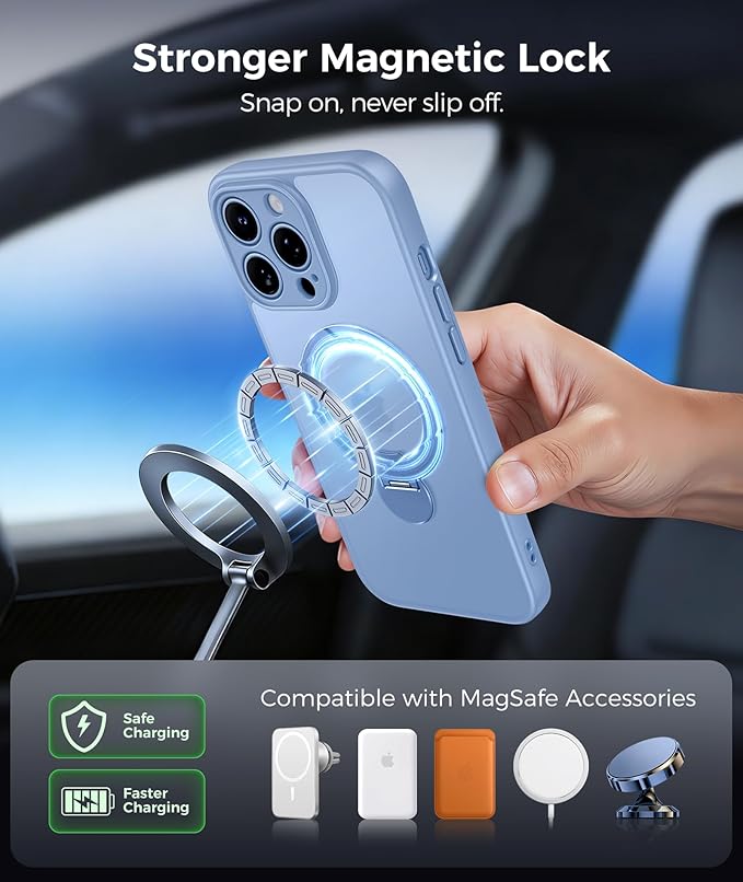 FNTCASE for iPhone 13 Pro Case: [360 Spin Magnetic Stand] [Compatible with Magsafe] [Screen Protector] Translucent Matte Military Grade Shockproof Full Camera Protective Phone Cover - Light Blue