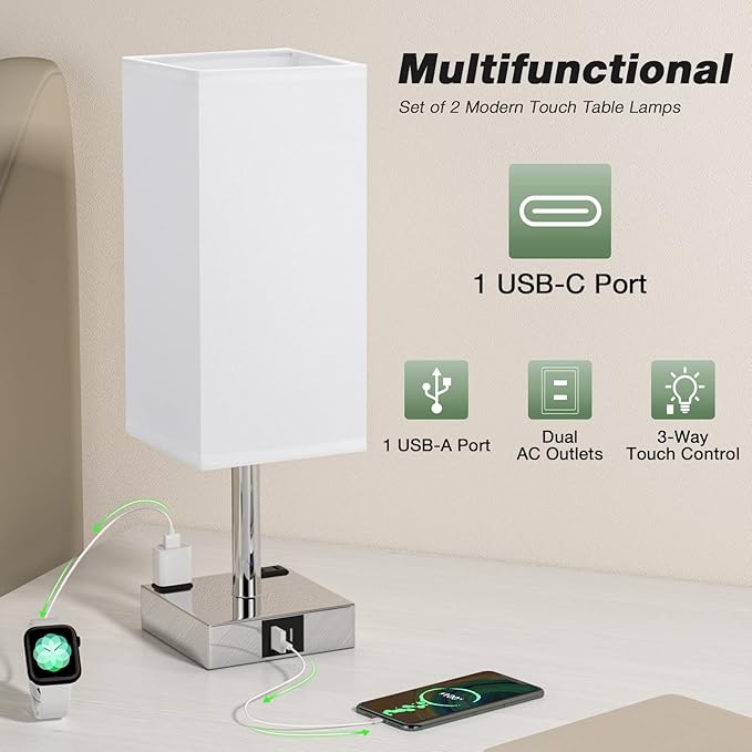 aooshine Set of 2 Touch Nightstand Lamp with USB-C+A Charge Ports& AC Outlets, 3-Way Dimmable Bedside Lamp with White Fabric Shade,Small Table Lamp for Bedroom Guest Room(Bulb Included)