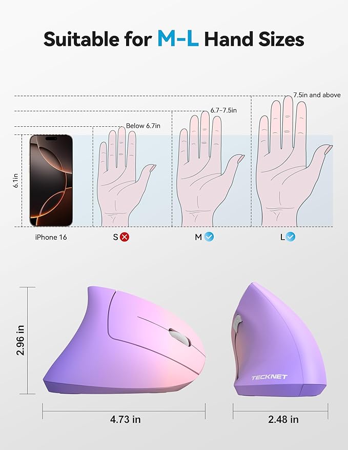 TECKNET Ergonomic Mouse Rechargeable Bluetooth - 4800 DPI Vertical Mice 6 Adjustable Levels, Wireless Optical Carpal Tunnel Mouse Right Hand, Multi Device for Laptop, PC, Computer - Pink Purple