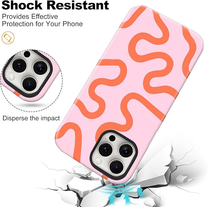 Magnetic for iPhone 16 Case Cute Curved Stripes Phone Case, Shockproof Slim TPU and Hard PC Protective Phone Cover Compatible with MagSafe Designed for Women Girls,Pink