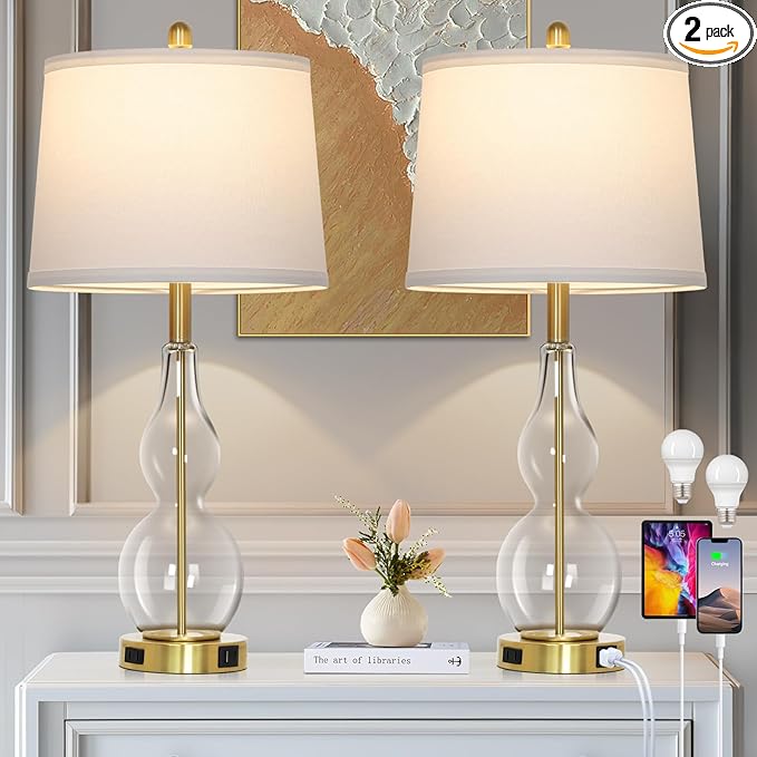 Rinweey 27.5" Clear Glass Table Lamp Set of 2,3-Way Dimmable Touch Control Bedside Lamps with USB Ports and AC Outlet, Modern Nightstand Lamps Gold lamp for Bedroom Living Room