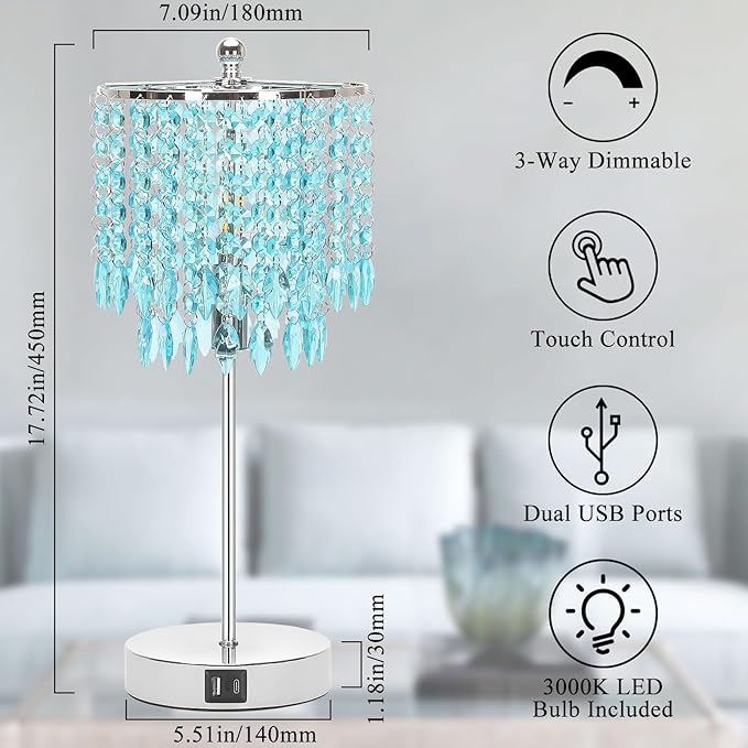 Crystal Table Lamp with Touch Control and Dual USB Ports - 3-Way Dimmable Bedside Light with Teal Lamps Shade for Living Room Bedroom, Elegant Home Decor - LED Bulb Included