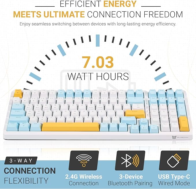 Qisan Wireless/Wired Mechanical Gaming Keyboard ,Triple Mode 2.4G/USB-C/BT (98%)Wireless Mechanical Keyboard with US Layout | Brown Switch Rechargeable RGB Backlit Keyboards for Gaming, White & Yellow
