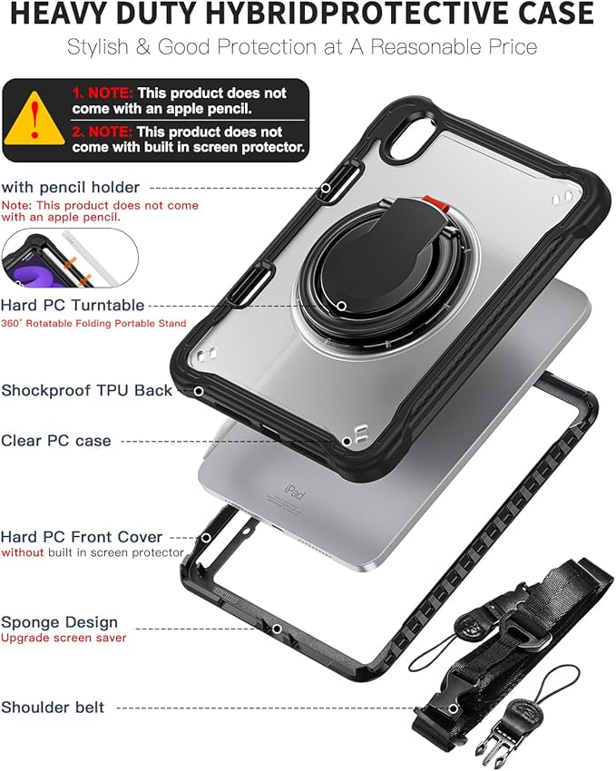BRAECN for iPad (a17 pro) Mini 7/Mini 6 Case 2024/2021 8.3 inch with Pencil Holder Protective Clear Ring Handle 360 Rotating Stand Shockproof Dropproof Rugged Carrying Shoulder Strap Kids Friendly