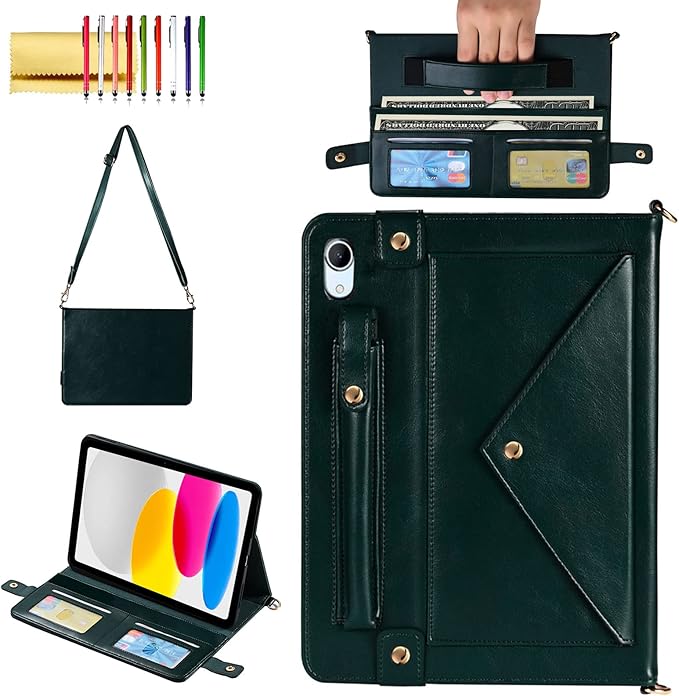 Handbag Case for iPad (A16) 11" 2025 & iPad 10th Gen 10.9", Techcircle Folio Stand PU Leather Crossbody Cover with Pencil Holder+Card Slots Wallet Case w/Shoulder Strap+Hand Strap, Midnight Green