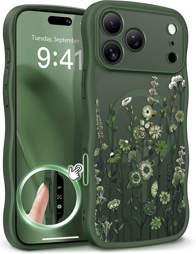 GVIEWIN for iPhone 17 Pro Case Compatible with MagSafe [Curly Wave Edge][Full Camera Protection]Floral Translucent Shockproof Magnetic Women Phone Case for iPhone 17 Pro 6.3'', Floratopia/Forest Green