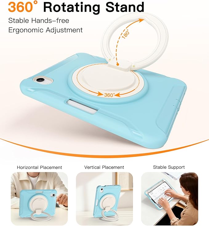 BATYUE Shockproof Case for iPad mini 7 (A17 Pro)/ Mini 6 8.3 inch (2024/2021) - 360° Multi-Angle Stand (Portrait & Landscape) & Grip, Built-in Pencil Holder, Frozen Blue