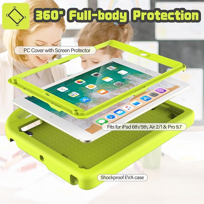 YIHE Shockproof Kids Case for iPad 6th/5th Generation (9.7 inch, 2018/2017), iPad Air 2/1 & Pro 9.7 | Durable Protective Cover with Built-in Screen Protector & Stable Stand, Light Yellow