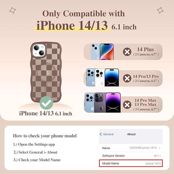 GVIEWIN Cute for iPhone 14 Case & iPhone 13 Case [Compatible with MagSafe] [Curly Wave Edge] Floral Translucent Magnetic Shockproof Protective Phone Cover for iPhone 14/13 6.1'', Grids/Brown