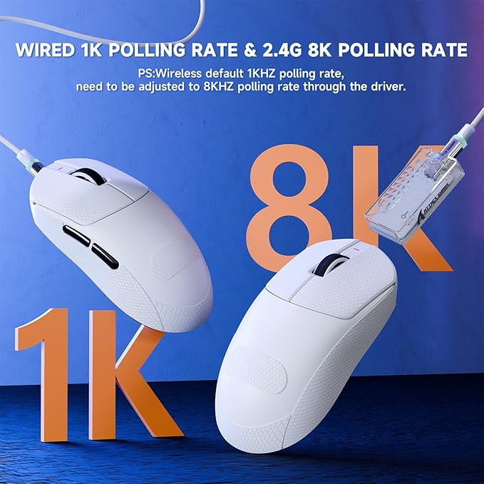 ATTACK SHARK X8 PRO 8K Wireless Gaming Mouse,PAW 3395PRO Sensor,40K DPI,Tri-Mode,55g Ultra-Light,Broadcom 52840 MCU Chip,Programmable Mice with Coiled Cable for PC/MAC/Win-White&Tape