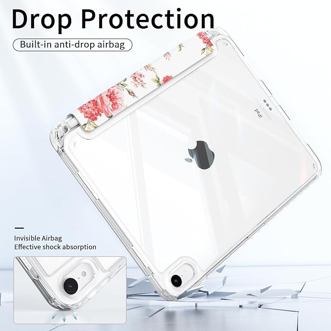 Case for iPad 11th Generation A16 Chip 2025, Slim iPad 10th Generation Case 10.9-inch 2022, Protective Lightweight Transparent Clear Back Cover, Trifold Stable Stand, Pink Rose