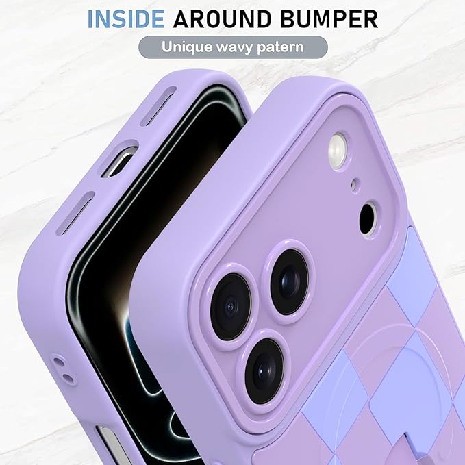 KANGHAR Compatible with iPhone 17 Pro Max Case, Support for MagSafe, Silicone Checkered Cute Pattern, Wristband Kickstand Camera Protection Soft Slim Cover for Girls Women -Purple