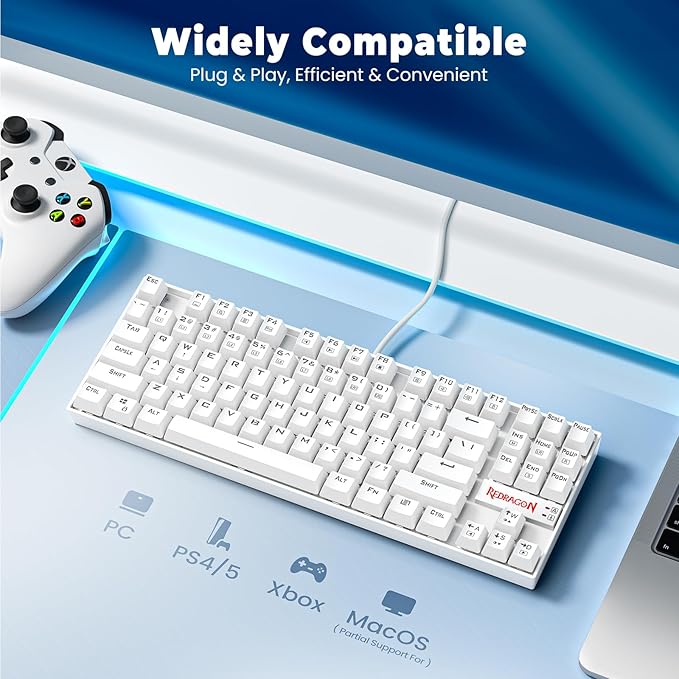 Redragon K552P Mechanical Gaming Keyboard TKL with 18 Backlight Modes, Hot-Swappable Blue Switches, 87-Key Compact Ergonomic Design, N-Key Rollover & Software Programmable Macro - RGB, White
