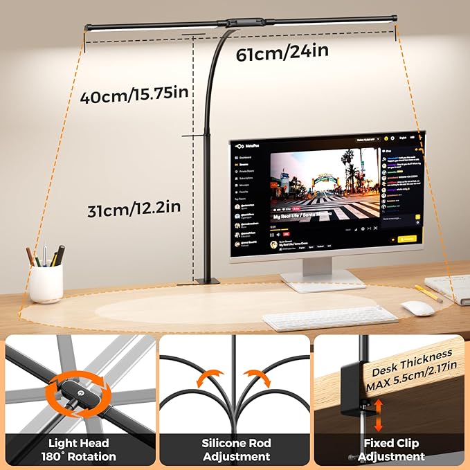 SKYLEO LED Desk Lamp with Clamp - Double Head Desk Light with Remote and Touch - Eye Protection - 12 W, 5 Color Modes, Timer and Memory Function, Flexible Gooseneck - for Office, Reading - Black
