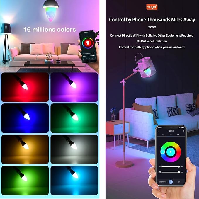 Candelabra Smart Light Bulbs 60W Equivalent, 450LM 5W LED Bulb Compatible with Alexa/Google Home, RGBCW 16 Million Color Changing Light Candle Bulb, No Hub Required, 2.4G (E12) (4)