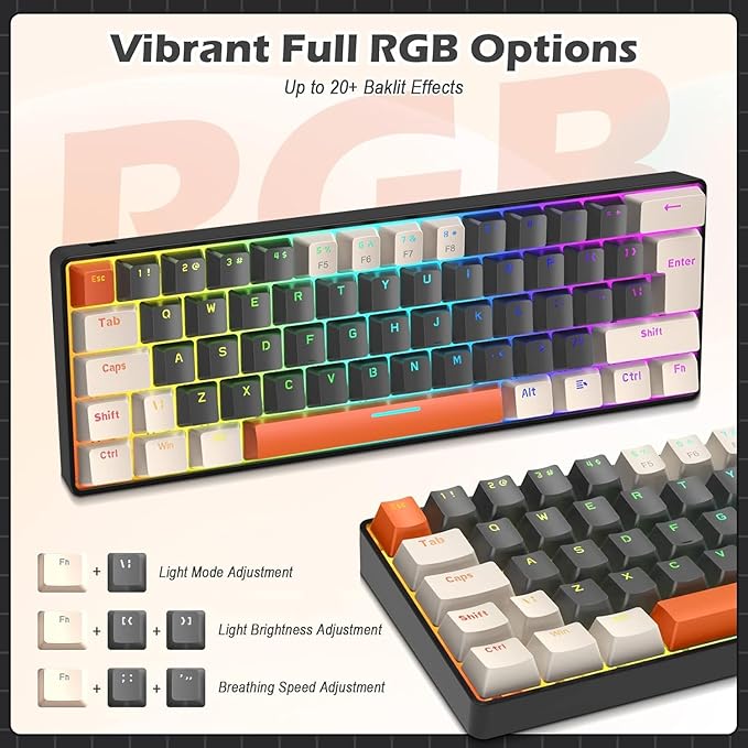 RK-T60 Wired 60% TKL Mechanical Gaming Keyboard Led Rainbow Backlight Ultra-Compact NKRO Linear Red Switch ABS Keycap RGB Honeycomb Mice Coiled Aviator Cable for Windows Laptop PS4/PC/WIN Gamer
