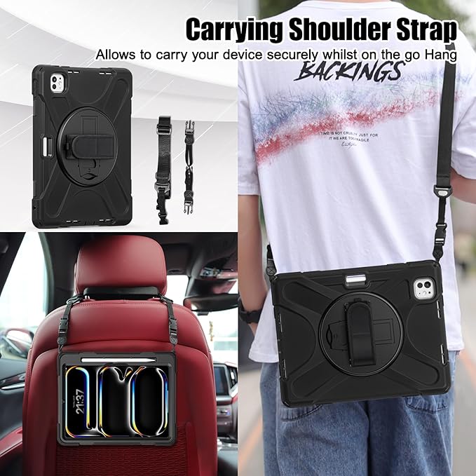 Batianda Case for New iPad Pro 11-inch 2025 M5 2024 M4 Chip Heavy Duty Rugged Durability Silicone Tablet Cover with 360° Rotating Hand Strap Foldable Hidden Stand & Shoulder Strap, Black