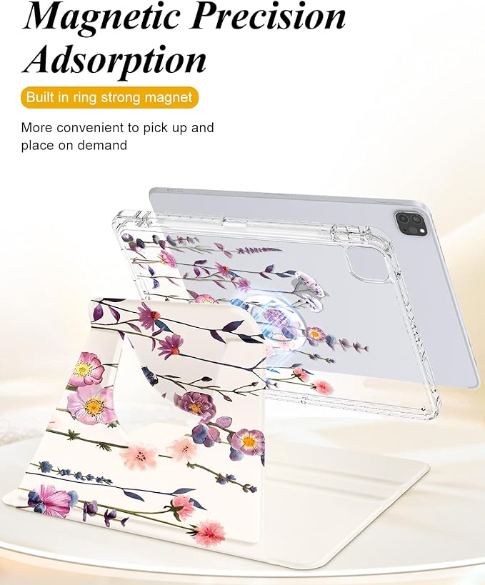 Shorogyt for iPad Air 13 Inch (M4) 2026/ M3 2025 & M2 2024 /for i Pad Pro 12.9 inch (3/4/5/6th Gen) for Magnetic Stand for Women - Cute 360 Rotating Covers Girls with Pencil Holder, Color Flower