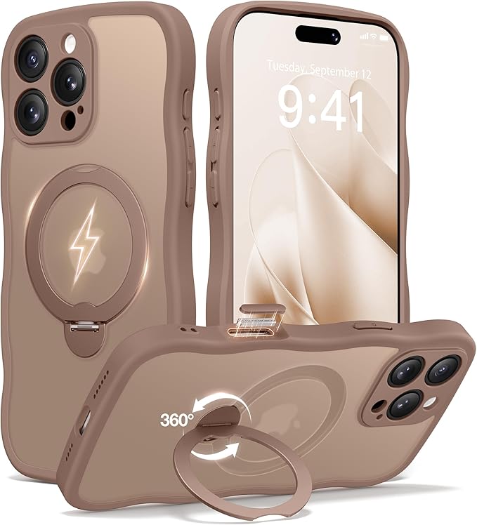 CAPRARO for iPhone 16 Pro Max Case with 360° Spin Magnetic Stand for Women, [Compatible with MagSafe] [Full Camera Protection] Cute Wave Translucent Matte Case for iPhone 16 Pro Max, Brown