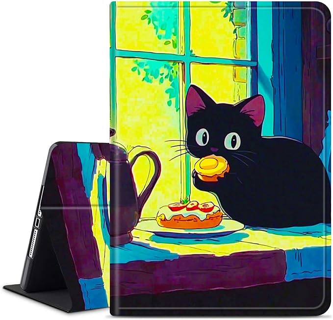 for Amazon Kindle Fire HD 10 (9th/7th/5th Generation, 2019/2017/2015 Release) 10.1" Tablet Case, Slim Kickstand Stand Leather Smart Cover with Auto Wake/Sleep, Black Cat Egg