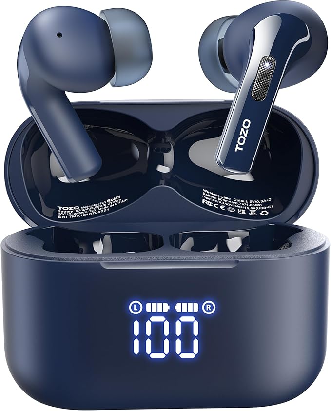 TOZO T20 Wireless Earbuds Bluetooth Headphones 48.5 Hrs Playtime with LED Digital Display, IPX8 Waterproof, Dual Mic Call Noise Cancelling 10mm Broad Range Speakers, New Version