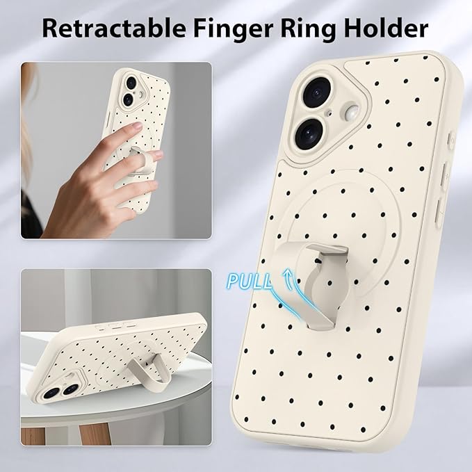 KANGHAR Compatible with iPhone 16 Case, Support for MagSafe, Silicone Spot Cute Pattern, Wristband Kickstand Camera Protection Soft Slim Cover for Girls Women -White
