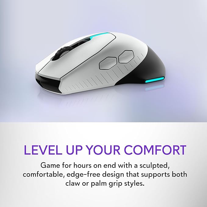 Alienware Wired/Wireless Gaming Mouse AW610M - 16000 DPI, Optical Sensor, Ambidextrous, 7 Buttons, 3-ZONE 16.8m AlienFX RGB Lighting, Edge-Free Design, Ergonomic - Lunar Light