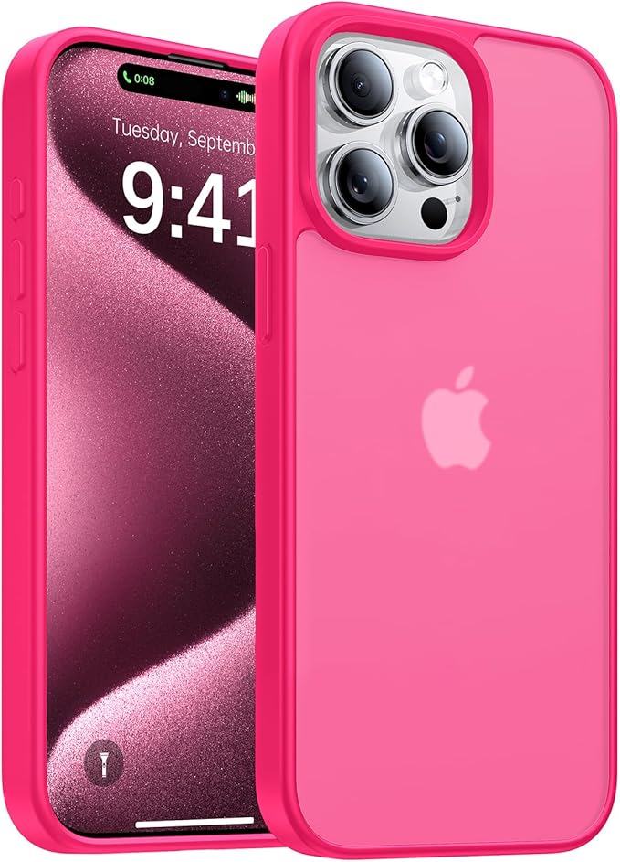 for iPhone 15 Pro Max Case, [Military-Grade Drop Protection][Anti-Yellowing] Shockproof Protective Translucent Matte Cover for iPhone 15 Pro Max Phone Case,Hot Pink