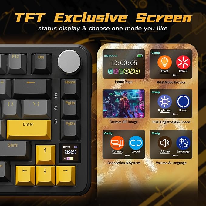 ATTACK SHARK X85 Pro Wireless Gaming Keyboard,Hot Swappable,Tri-Mode(BT 5.1/2.4Ghz/Type-C),Gasket, TFT Display & Knob,75% Layout,PBT Keycaps,QMK Custom for PC/MAC-Black/Linear Blueberry Switch