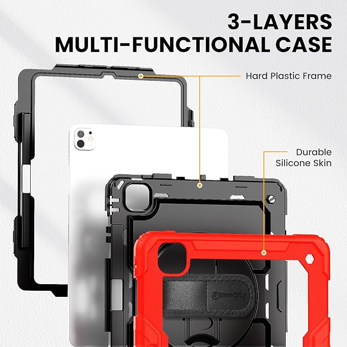 timecity Case for iPad Pro 13 Inch M5 2025 / M4 2024, 360° Rotating Stand, Pencil Holder & Wireless Charging, Shockproof with Screen Protector & Shoulder Strap - for Designers & Professionals, Red