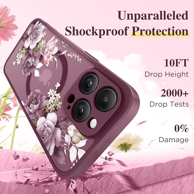 GVIEWIN for iPhone 16 Pro Case Compatible with MagSafe, [Military Grade Protection] [Screen Protector] Full Camera Protection Floral Translucent Women Magnetic Phone Case, Cherry Blossoms/Burgundy