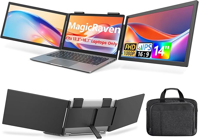 MAGICRAVEN Dual Laptop Screen Extender with Bag, 14" 1080P Portable Monitor, Type-C (No HDMI) Plug and Play for 13.3" - 16.1" Laptops, Attachment Display for Windows/MacOS/Chrome Laptop Phone