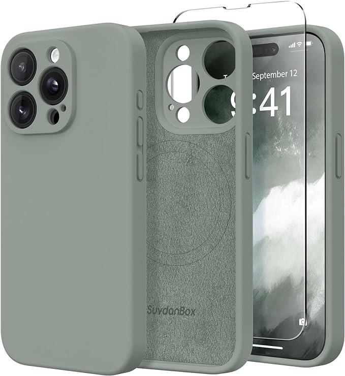 Magnetic for iPhone 14 Pro Case, Compatible with MagSafe, [Full Camera Protection][Screen Protector] Silicone Shockproof Protective Phone Case for iPhone 14 Pro 6.1", Calke Green
