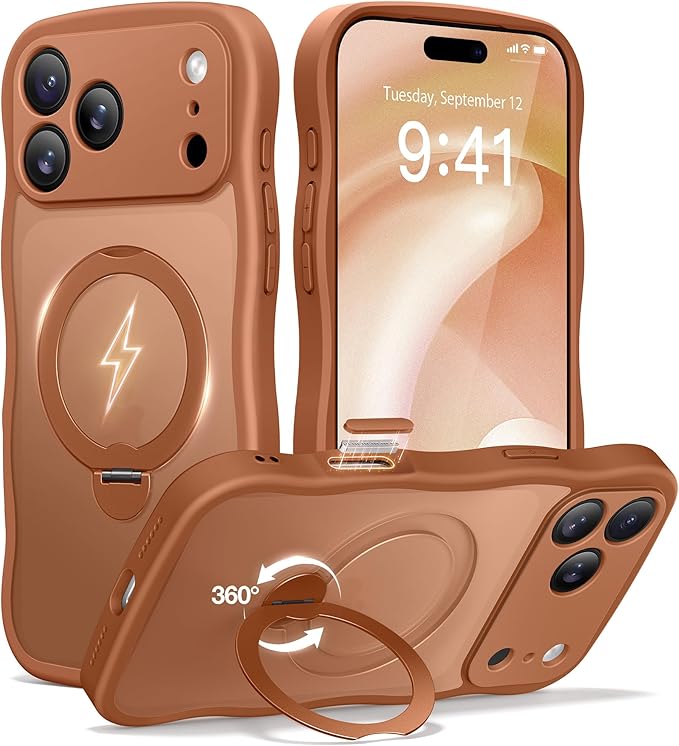 CAPRARO for iPhone 17 Pro Max Case with 360° Spin Magnetic Stand for Women, [Compatible with MagSafe] [Full Camera Protection] Cute Wave Translucent Matte Case for iPhone 17 Pro Max, Cosmic Orange