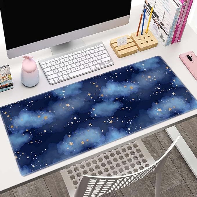 Stars and Clouds Desk Mat Large Gaming Mouse Pad XL Extended Mousepad Desk Pad Big Keyboard Pad Desktop Mouse Mat 31.5"x11.8" Deskmat for Gamers with Stitched Edges Non-Slip Rubber Base