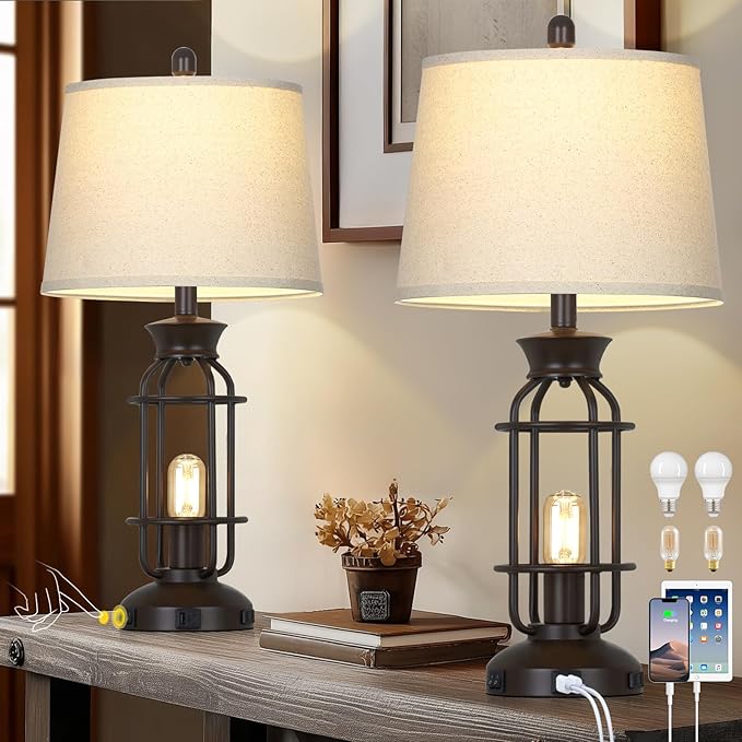 28" Tall Farmhouse Table lamps Set of 2, Vintage Industrial Table Lamp with USB C+A Ports & Outlet, Modern Rustic Bedside Lamp for Nightstand Living Room Bedroom Side Table Office Brown, 4 LED Bulbs