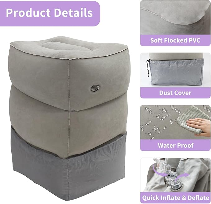 2Pcs Inflatable Foot Rest for Under Desk at Work, Travel Footrest Pillow for Long Airplane Flights-Adjustable Blow Up Leg Rest Outdoor Foot Stools Ottoman,Seat Extender