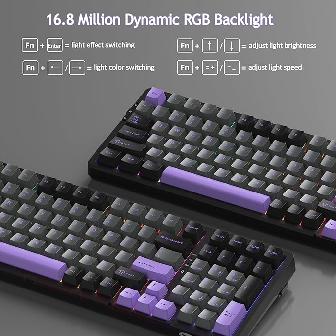 MageGee LIGHT100 Wireless Creamy Keyboard, Gasket Structure Hot Swappable, Tri-Mode 2.4G/USB-C/BT5.0 RGB Backlit Mechanical Gaming Keyboard for Win/Mac/PC, PBT Keycap, 4000mAh Battery, Purple