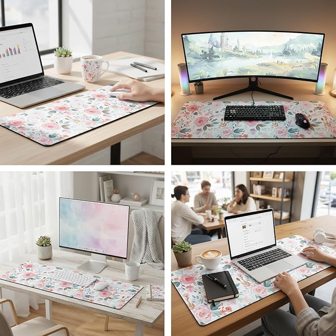 Pink Floral Mouse Pad (31.5 x 11.8 Inch), Large Watercolor Rose Desk Mat, Cute Botanical Pattern with Teal Leaves, Non-Slip Laptop Base, Spring Office Decor