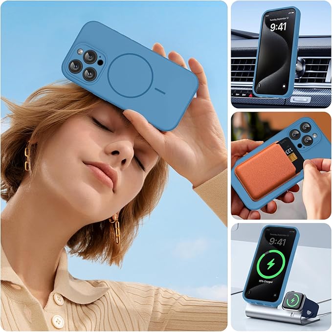Miracase Magnetic for iPhone 15 Pro Case, [Soft Anti-Scratch Microfiber Lining], Compatible with MagSafe, Liquid Silicone Shockproof Drop Protection Phone Case for 15 Pro, Capri Blue