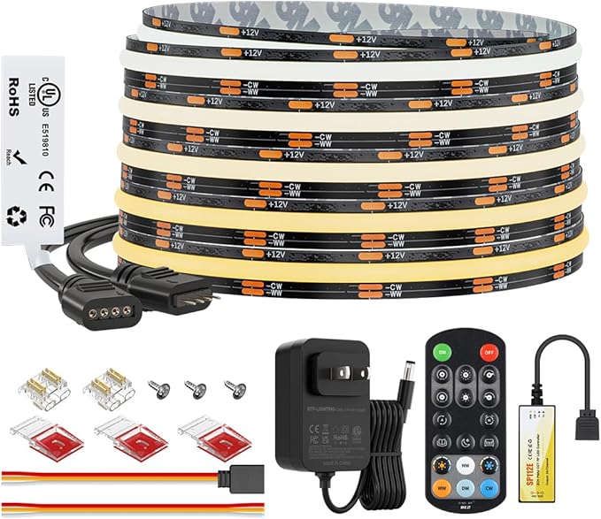 BTF-LIGHTING FCOB COB CCT 12VDC LED Strip Kit UL Listed Flexible High Density 640LED/m 16.4FT RF Remote Controller Tunable CT 2700K-6500K CRI 90+ for Bedroom Kitchen Under Cabinet Indoor