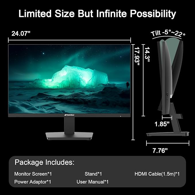 SANSUI 27 Inch Computer Monitor 120Hz, FHD 1080P Flat Monitor, HDMI DP Ports FreeSync, HDR, 110% sRGB, Tilt Adjustable Frameless VESA Compatible for Office and Home (ES-27F2, HDMI Cable Included)