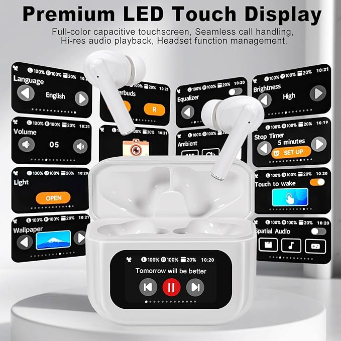 Wireless Earbuds, Bluetooth 5.4 Ear Buds with Touch Screen, ANC/ENC Noise Cancelling Earbuds with Charging Case, IPX7 Waterproof, 6 EQ Modes, 40H Playtime Stereo Sound Earphones for iOS Android(White)